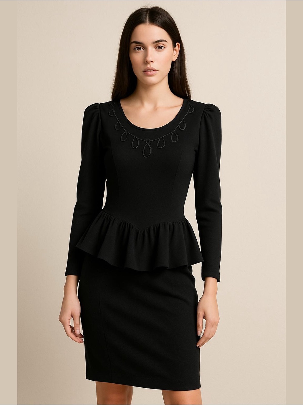 VTG Sweet Things Black Peplum Dress Scoop Neck Embroidery Whimsigoth Grunge Y2K